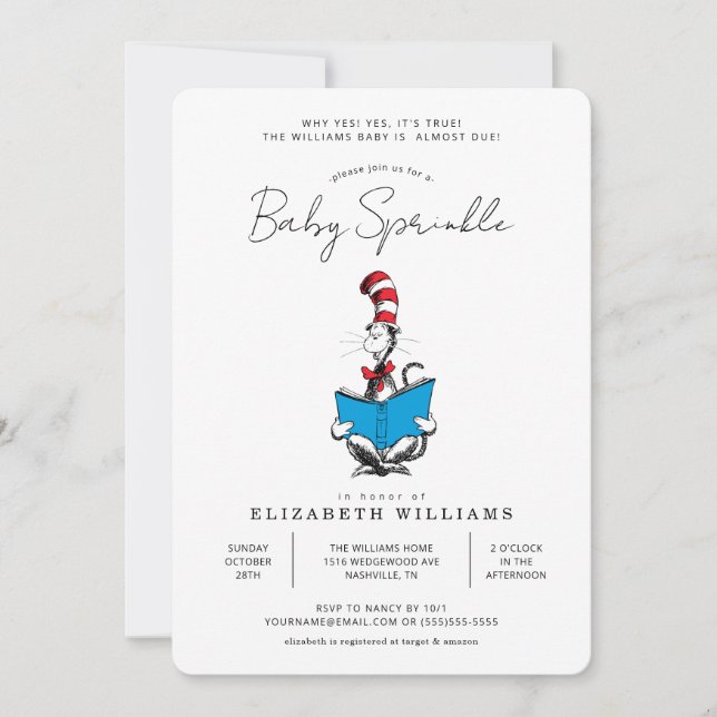 Invitation Dr. Seuss - Chat Chapeauté Fête Prénatale (Devant)