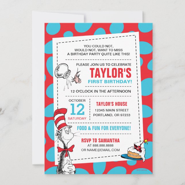 Invitation Dr. Seuss Chat dans le Casquette Anniversaire Ajou (Devant)