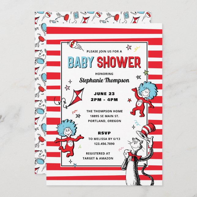 Invitation Dr. Seuss - Chat dans le Casquette | Baby shower (Devant / Derrière)