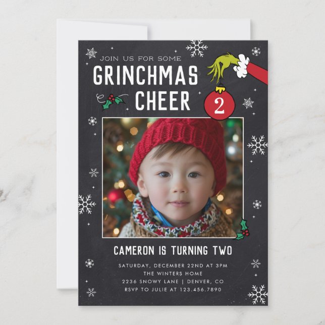 Invitation Dr. Seuss | Grinch Tableau Noir Photo Anniversaire (Devant)
