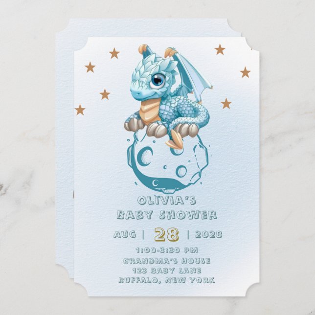 Invitation Dragon Aquamarine Astroid Baby shower garçon (Devant / Derrière)