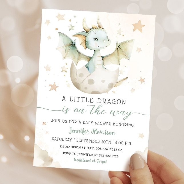 Invitation Dragon Baby shower Cute Boho Vert Aquarelle (Créateur téléchargé)