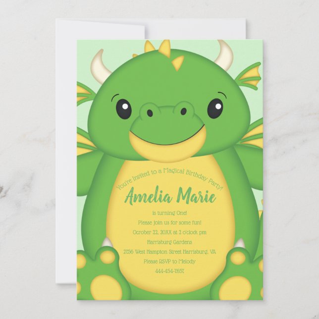 Invitation Dragon Birthday Party Green (Devant)