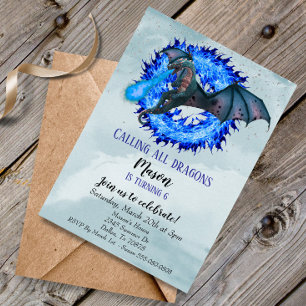 Invitation Dragon Blue Fire Serpent fête d'anniversaire enfan