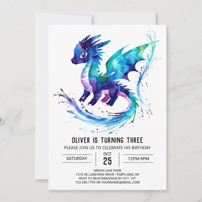 Invitation Dragon coloré peint Digital Boy Anniversaire (Devant)