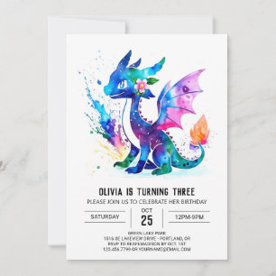 Invitation Dragon Coloré Peint Digital Girl Anniversaire