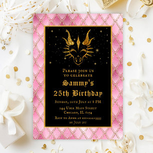 Invitation Dragon d'or avec Balances roses fête d'anniversair