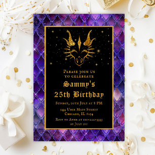 Invitation Dragon d'or avec Balances violettes fête d'anniver