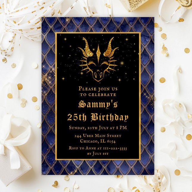 Invitation Dragon d'or avec Navy Blue Scales Anniversaire (Créateur téléchargé)