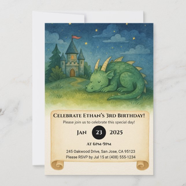 Invitation Dragon endormi sous un ciel étoilé d'anniversaire (Devant)