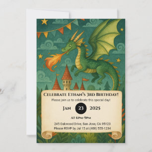 Invitation Dragon et Château respirant le feu Nuit Anniversai