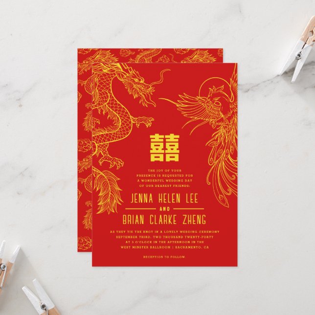Invitation Dragon et Phoenix Double Bonheur | Motif arrière (Devant/Arrière en situation)