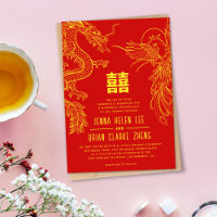 Dragon et Phoenix Double Bonheur Or+Rouge