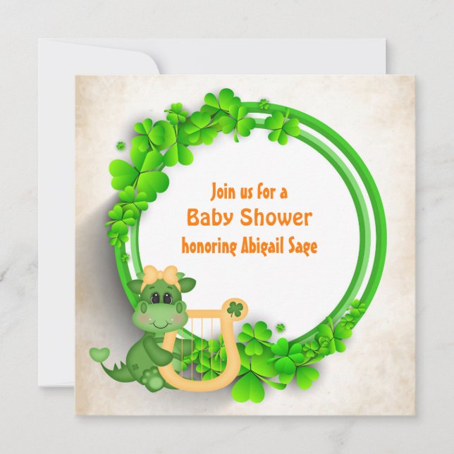 Invitation Dragon fille mignonne, Baby shower irlandais de co (Devant)