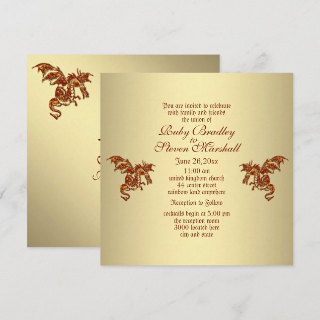 Invitation Dragon flamboyant Thème Mariage Imaginaire doré (Devant / Derrière)
