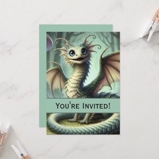 Invitation Dragon Jabberwocky Mignon Créature Fantastique Art (Devant/Arrière en situation)