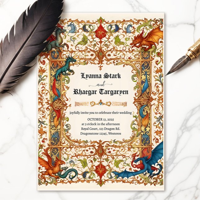 Invitation Dragon Médiévale, Manuscrit Ancien (Medieval manuscript with dragons invitation)