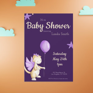 Invitation Dragon mignon avec Baby shower Fille Balloon viole