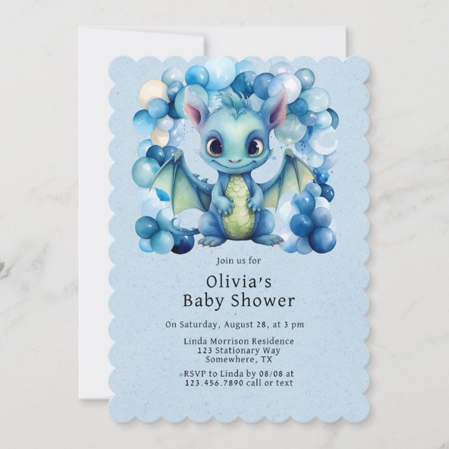 Invitation Dragon mignon avec Ballons Bleus Baby shower garço (Devant)