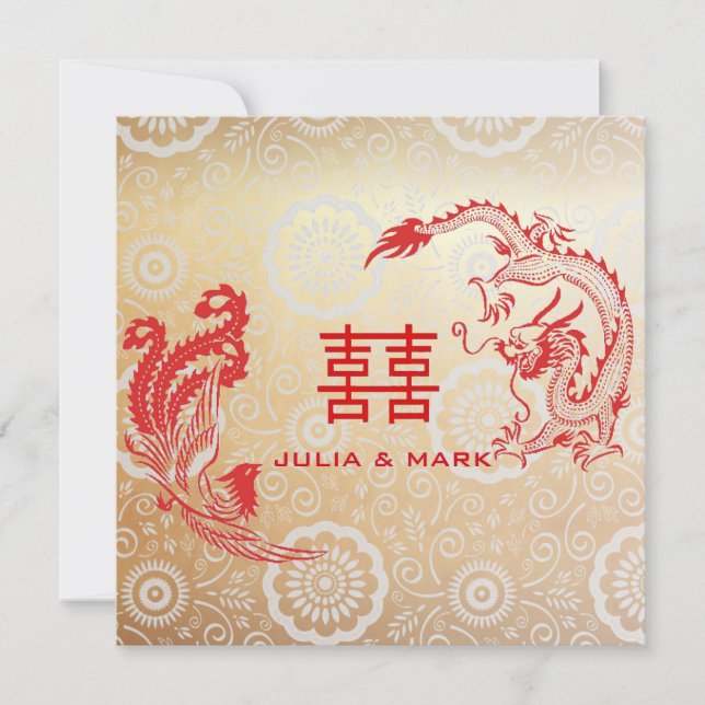 Invitation Dragon moderne-Phoenix Mariage chinois Or rouge (Devant)