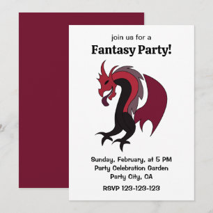 Invitation Dragon Noir Rouge Créature Mythique Fête Fantastiq