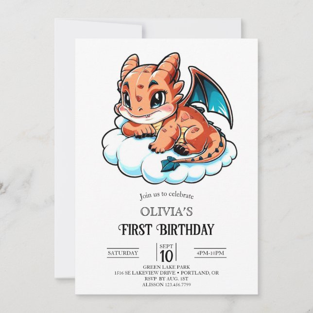 Invitation Dragon numérique Elegance de dessin animé 1er anni (Devant)