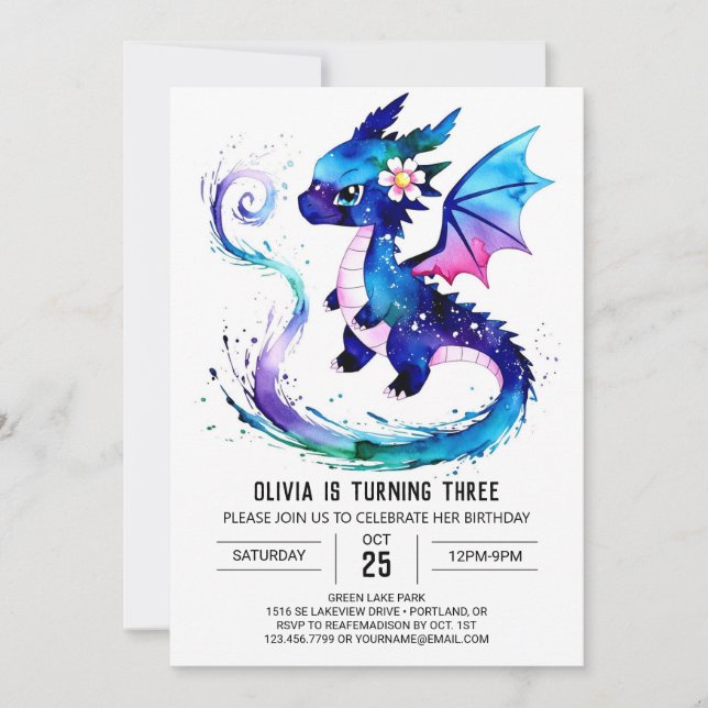 Invitation Dragon rose adorable fille numérique Anniversaire (Devant)