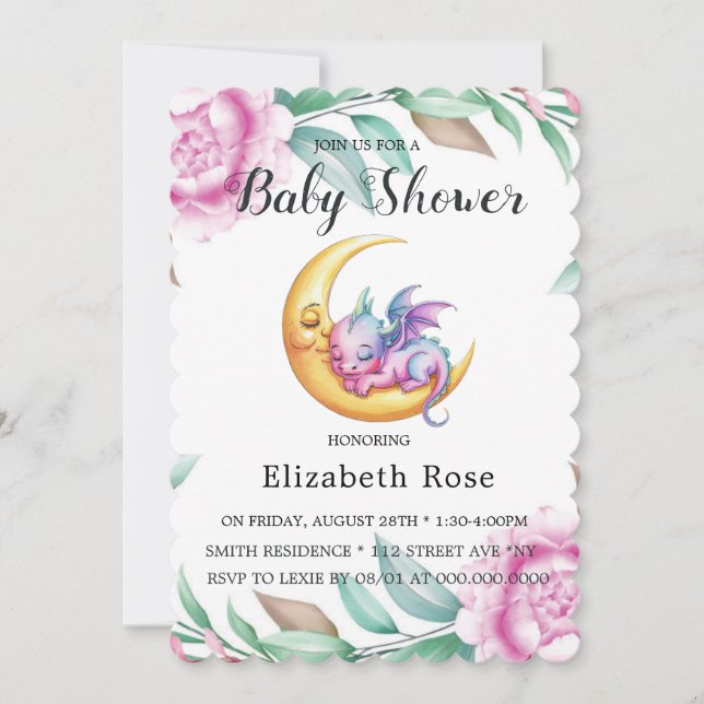 Invitation Dragon rose mignon et Baby shower de fille de pivo (Devant)