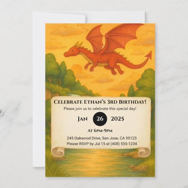 Invitation Dragon Rouge Volant Au-Dessus d'Anniversaire de la (Devant)