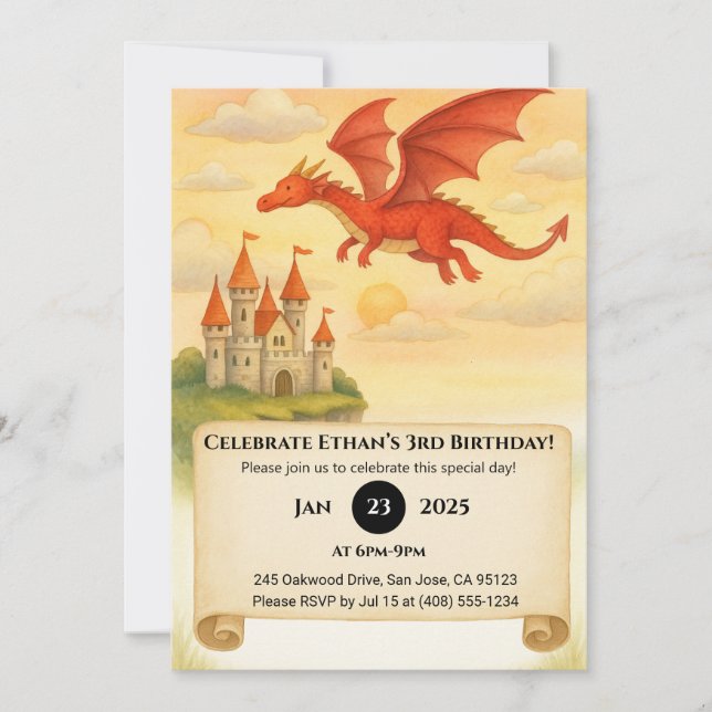 Invitation Dragon Rouge volant au-dessus de Castle Scroll Ann (Devant)