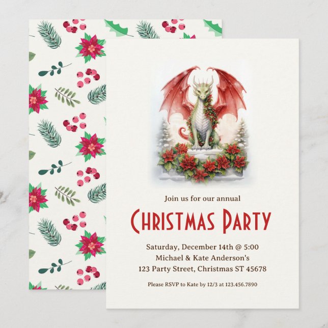 Invitation Dragon Santa Hat Mythique Imaginaire Noël (Devant / Derrière)