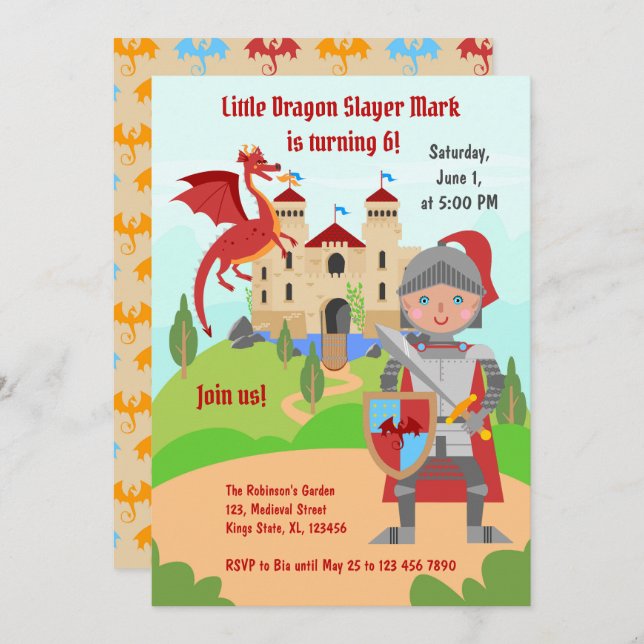 Invitation Dragon Slayer Knight Boy fête d'anniversaire (Devant / Derrière)