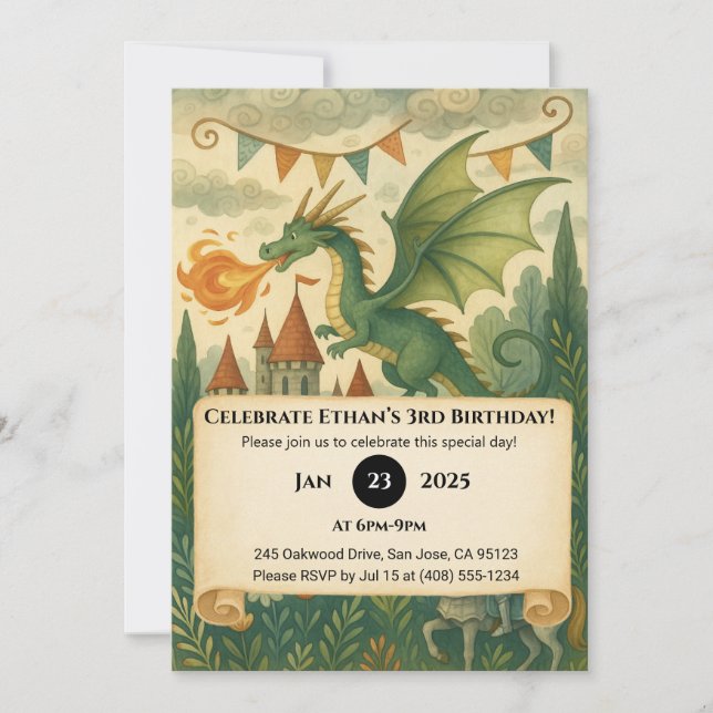 Invitation Dragon Vert et Chevalier lors d'un Anniversaire En (Devant)