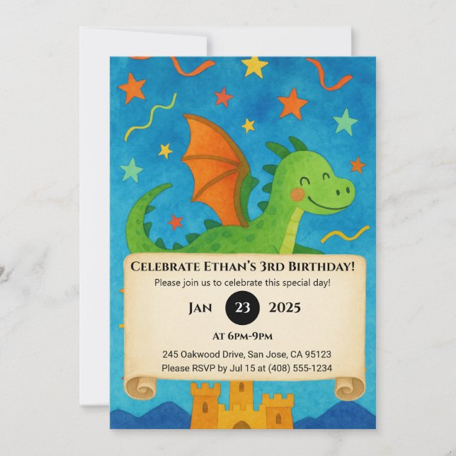 Invitation Dragon Vert Volant au-Dessus d'un Château Étoilé p (Devant)