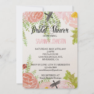 Invitation Dragonflies Rose Aquarelle Jardin douche nuptiale