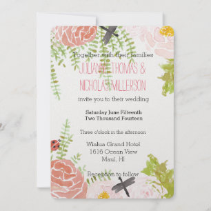Invitation Dragonflies Rose Aquarelle Jardin Mariage