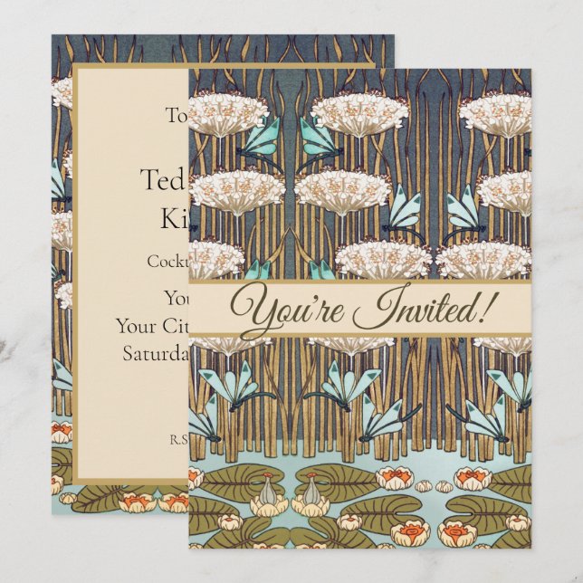 Invitation Dragonflies Water Lilies Marais Art Nouveau (Devant / Derrière)