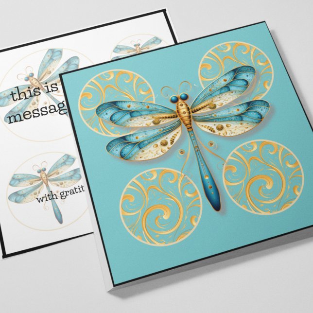 Invitation Dragonfly bleu et or avec bordure (Aqua and gold dragonfly customizable greeting card with gold accents and circles. )