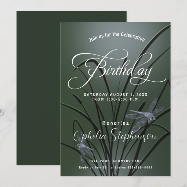 Invitation Dragonfly Fête d'Anniversaire Vert Sauge Poussiére (Devant / Derrière)