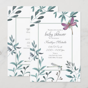 Invitation Dragonfly Garden Green sur le Baby shower blanc