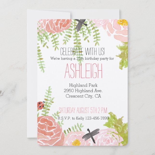 Invitation Dragonlies Rose Aquarelle Jardin anniversaire (Devant)