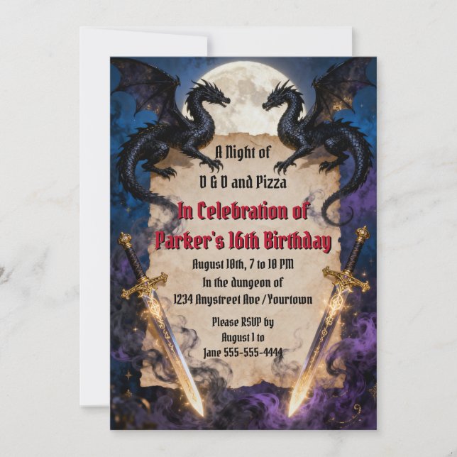 Invitation Dragons noirs et épées magiques pour l'anniversair (Devant)
