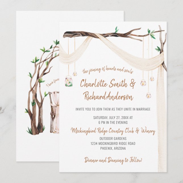 Invitation Drapé éclectique, Lumières de pots Mason, Mariage  (Devant / Derrière)