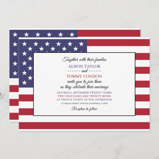 Invitation Drapeau américain, Drapeau Mariage des États-Unis (Devant / Derrière)