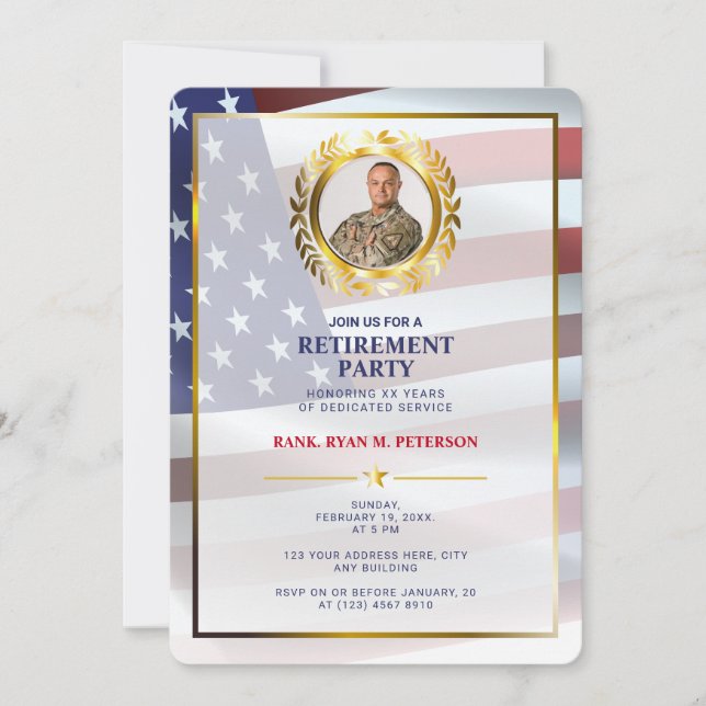 Invitation Drapeau américain | Feuille de laurier or | Retrai (Devant)