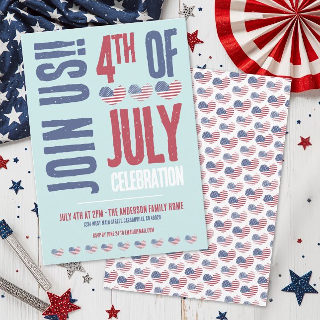 Invitation Drapeau américain moderne patriotique 4 juillet (Patriotic American Flag Heart 4th Of July Party Invitation)