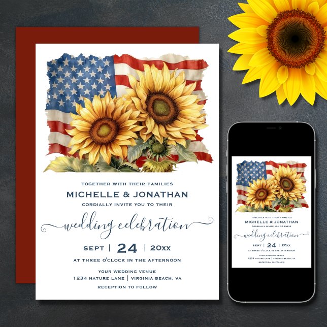 Invitation Drapeau américain patriotique Mariage de tournesol (Printed (Front and Back) and Digital Patriotic American Flag Sunflower Wedding Invitation)