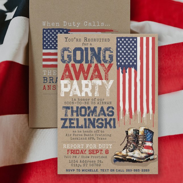 Invitation Drapeau américain rustique militaire pour fête d'a (Rustic military farewell going away party invitation front and back with vintage combat boots & flag)