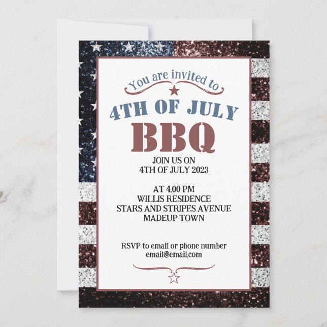 Invitation Drapeau américain rustique scintillant fête 4 juil (Devant)