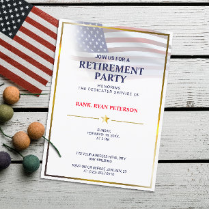 Invitation Drapeau américain   transparent   Cadre Or   Blanc